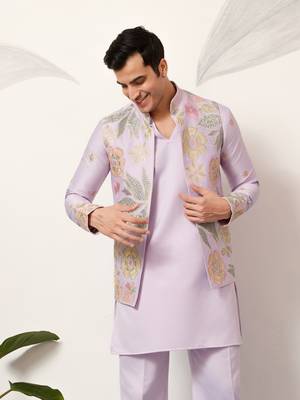 LAVENDER SATIN SILK THEAD WITH SEQUINS EMBROIDERED WORK WEDDING FUNCTION FESTIVAL PARTY WEAR STRAIGHT KURTA PANT KOTI 3