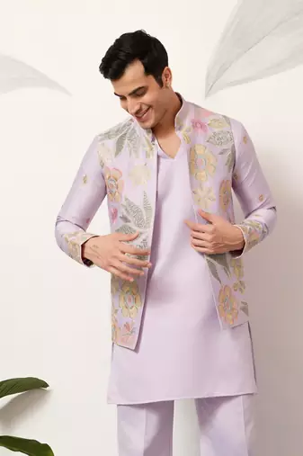 LAVENDER SATIN SILK THEAD WITH SEQUINS EMBROIDERED WORK WEDDING FUNCTION FESTIVAL PARTY WEAR STRAIGHT KURTA PANT KOTI