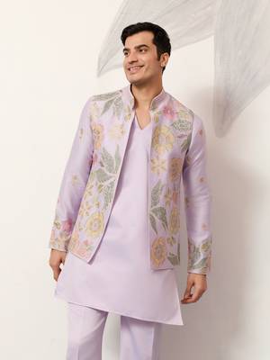 LAVENDER SATIN SILK THEAD WITH SEQUINS EMBROIDERED WORK WEDDING FUNCTION FESTIVAL PARTY WEAR STRAIGHT KURTA PANT KOTI 4