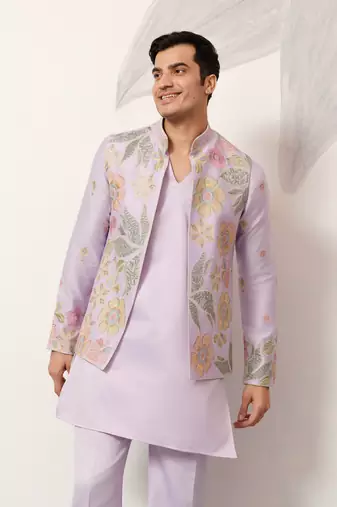 LAVENDER SATIN SILK THEAD WITH SEQUINS EMBROIDERED WORK WEDDING FUNCTION FESTIVAL PARTY WEAR STRAIGHT KURTA PANT KOTI
