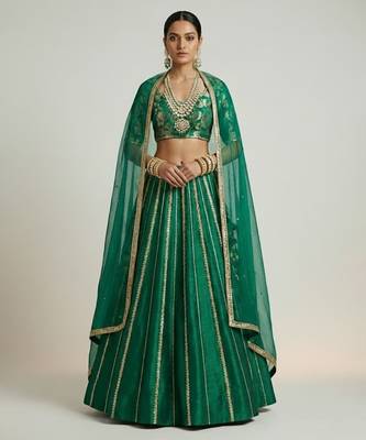 Green Embroidered Brocade Lehenga Set 1