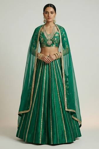Green Embroidered Brocade Lehenga Set