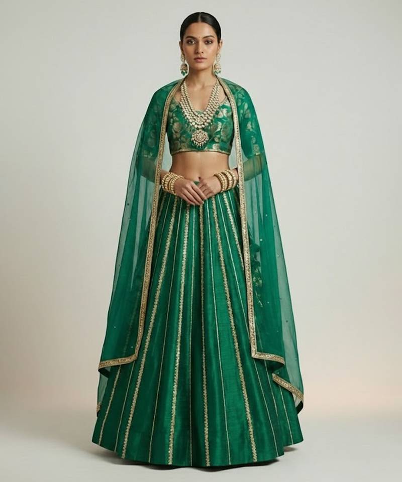 Green Embroidered Brocade Lehenga Set