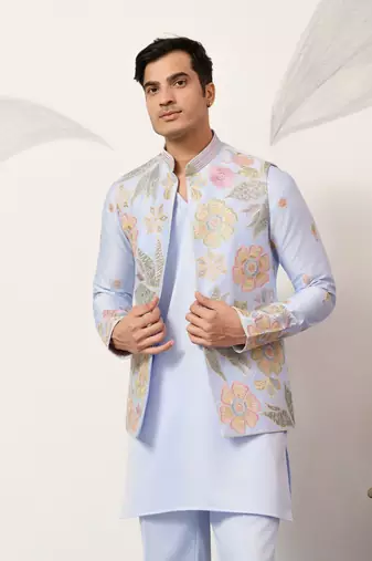 SKY BLUE SATIN SILK THEAD WITH SEQUINS EMBROIDERED WORK WEDDING FUNCTION FESTIVAL PARTY WEAR STRAIGHT KURTA PANT KOTI