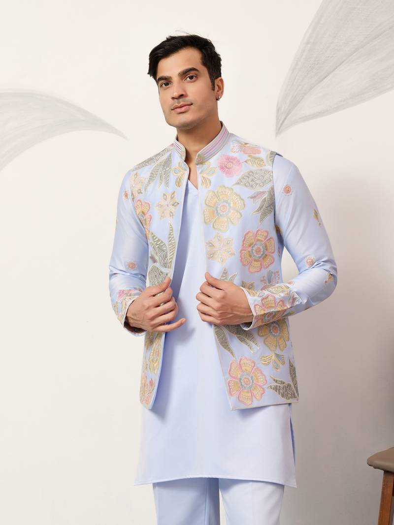 SKY BLUE SATIN SILK THEAD WITH SEQUINS EMBROIDERED WORK WEDDING FUNCTION FESTIVAL PARTY WEAR STRAIGHT KURTA PANT KOTI