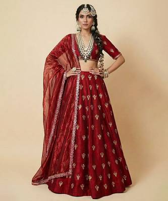 Maroon Embroidered Silk Lehenga Set 1