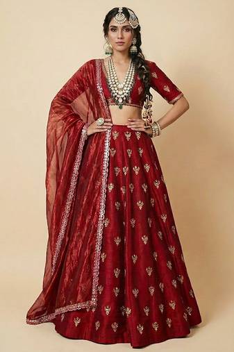 Maroon Embroidered Silk Lehenga Set