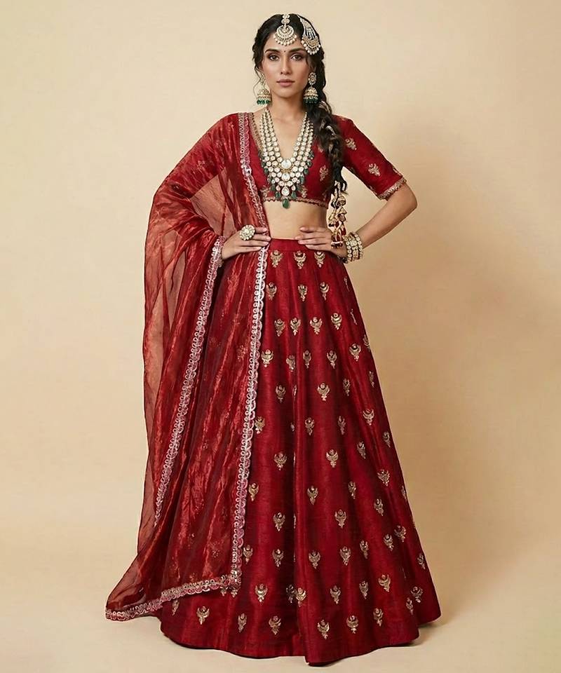 Maroon Embroidered Silk Lehenga Set