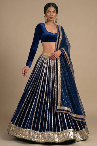 Blue Embroidered Velvet Lehenga Set