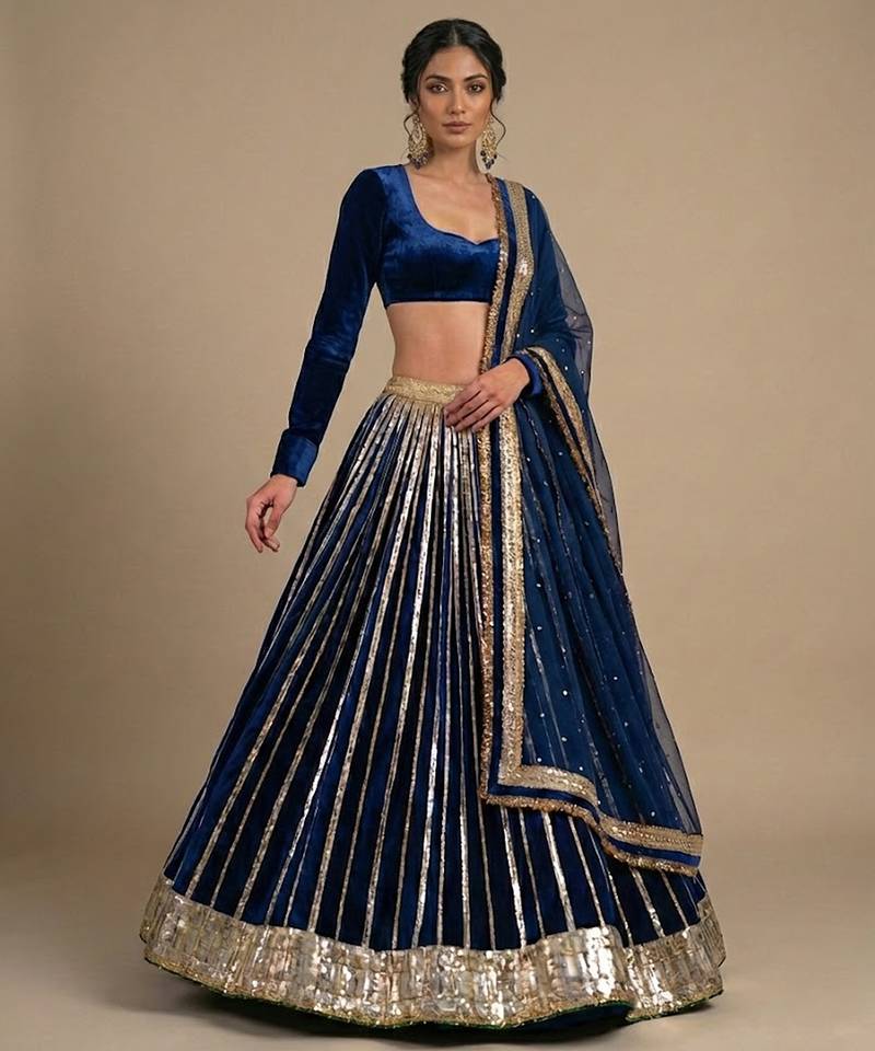 Blue Embroidered Velvet Lehenga Set