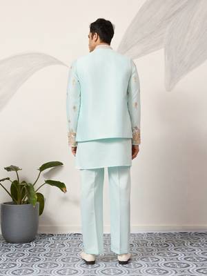 PISTA GREEN SATIN SILK THEAD WITH SEQUINS EMBROIDERED WORK WEDDING FUNCTION FESTIVAL PARTY WEAR STRAIGHT KURTA PANT KOTI 6
