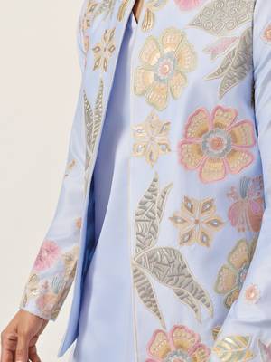SKY BLUE SATIN SILK THEAD WITH SEQUINS EMBROIDERED WORK WEDDING FUNCTION FESTIVAL PARTY WEAR STRAIGHT KURTA PANT KOTI 4