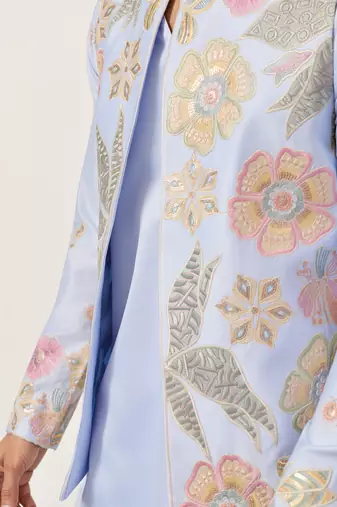 SKY BLUE SATIN SILK THEAD WITH SEQUINS EMBROIDERED WORK WEDDING FUNCTION FESTIVAL PARTY WEAR STRAIGHT KURTA PANT KOTI