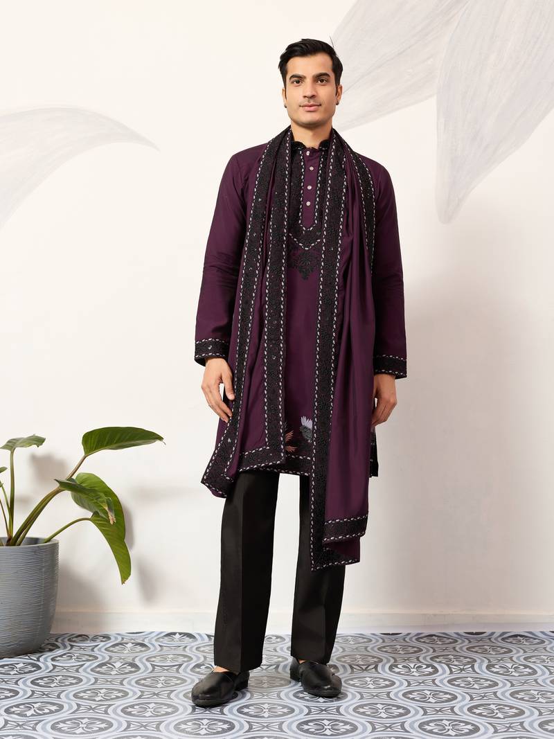 PURPLE VISCOSE SILK THREAD & SEQUINS EMBROIDERED WORK FUNCTION FESTIVAL MARRIAGE PARTY WEAR STRAIGHT KURTA DUPATTA