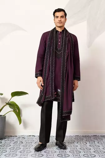Purple viscose silk thread & sequins embroidered work function festival marriage party wear straight kurta dupatta