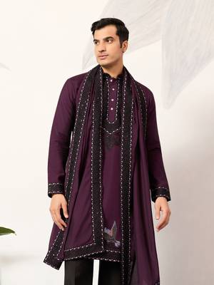 PURPLE VISCOSE SILK THREAD & SEQUINS EMBROIDERED WORK FUNCTION FESTIVAL MARRIAGE PARTY WEAR STRAIGHT KURTA DUPATTA 3