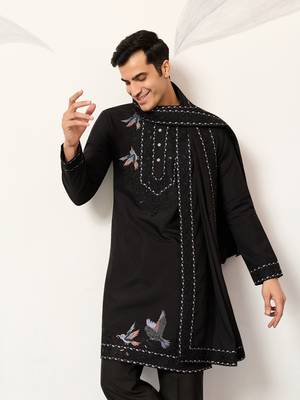 BLACK VISCOSE SILK THREAD & SEQUINS EMBROIDERED WORK FUNCTION FESTIVAL MARRIAGE PARTY WEAR STRAIGHT KURTA DUPATTA 3