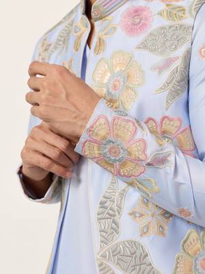 SKY BLUE SATIN SILK THEAD WITH SEQUINS EMBROIDERED WORK WEDDING FUNCTION FESTIVAL PARTY WEAR STRAIGHT KURTA PANT KOTI 5
