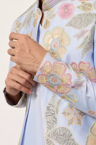 SKY BLUE SATIN SILK THEAD WITH SEQUINS EMBROIDERED WORK WEDDING FUNCTION FESTIVAL PARTY WEAR STRAIGHT KURTA PANT KOTI