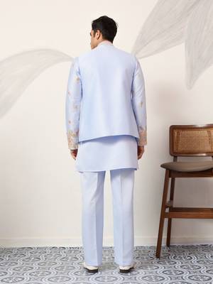 SKY BLUE SATIN SILK THEAD WITH SEQUINS EMBROIDERED WORK WEDDING FUNCTION FESTIVAL PARTY WEAR STRAIGHT KURTA PANT KOTI 6