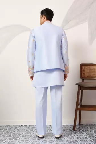 SKY BLUE SATIN SILK THEAD WITH SEQUINS EMBROIDERED WORK WEDDING FUNCTION FESTIVAL PARTY WEAR STRAIGHT KURTA PANT KOTI