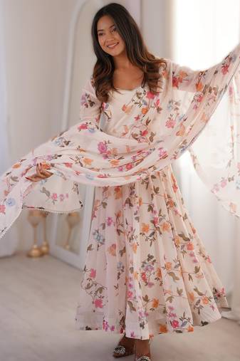 white elegant printed georgette gown set with dupatta ready to wear