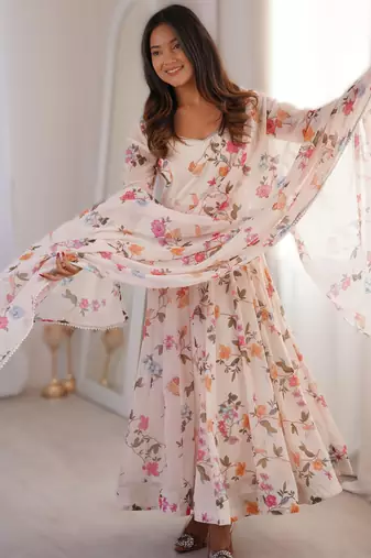 white elegant printed georgette gown set with dupatta ready to wear