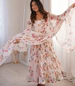 white elegant printed georgette gown set with dupatta ready to wear