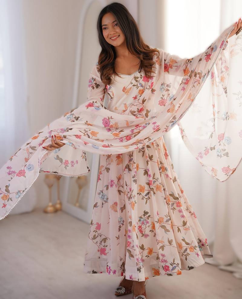 white elegant printed georgette gown set with dupatta ready to wear