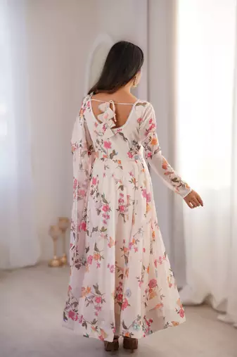 white elegant printed georgette gown set with dupatta ready to wear
