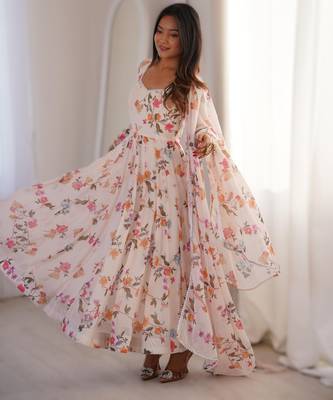 white elegant printed georgette gown set with dupatta ready to wear 3