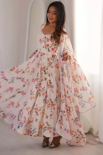 white elegant printed georgette gown set with dupatta ready to wear