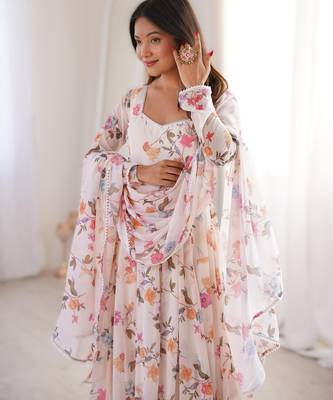 white elegant printed georgette gown set with dupatta ready to wear 4