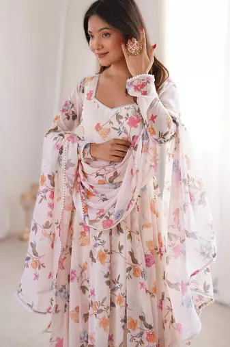 white elegant printed georgette gown set with dupatta ready to wear