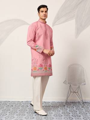 pink viscose silk floral embroidered kurta pajama set for men 10