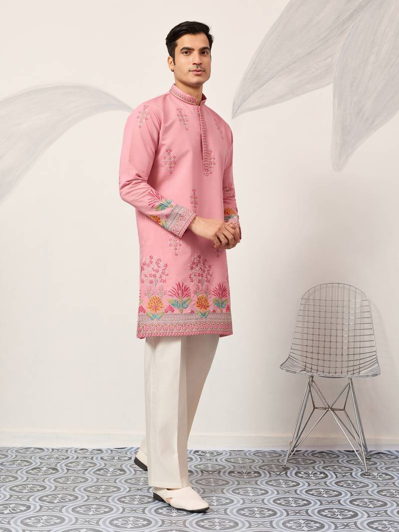 pink viscose silk floral embroidered kurta pajama set for men