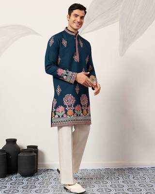 teal blue viscose silk floral embroidered kurta pajama set for men 10