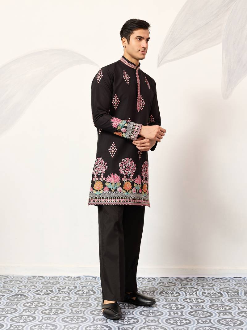 black viscose silk floral embroidered kurta pajama set for men