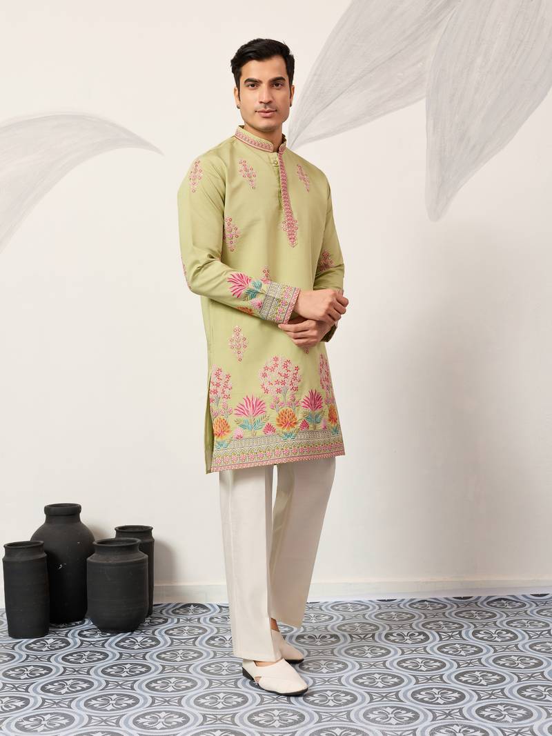pista green viscose silk floral embroidered kurta pajama set for men