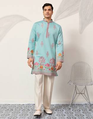 sky blue viscose silk floral embroidered kurta pajama set for men 10