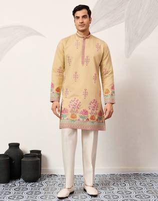 yellow viscose silk floral embroidered kurta pajama set for men 9