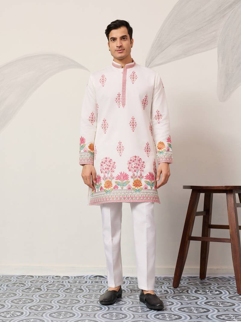 white viscose silk floral embroidered kurta pajama set for men