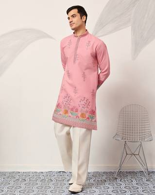 pink viscose silk floral embroidered kurta pajama set for men 11