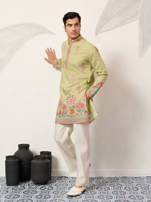 pista green viscose silk floral embroidered kurta pajama set for men 11