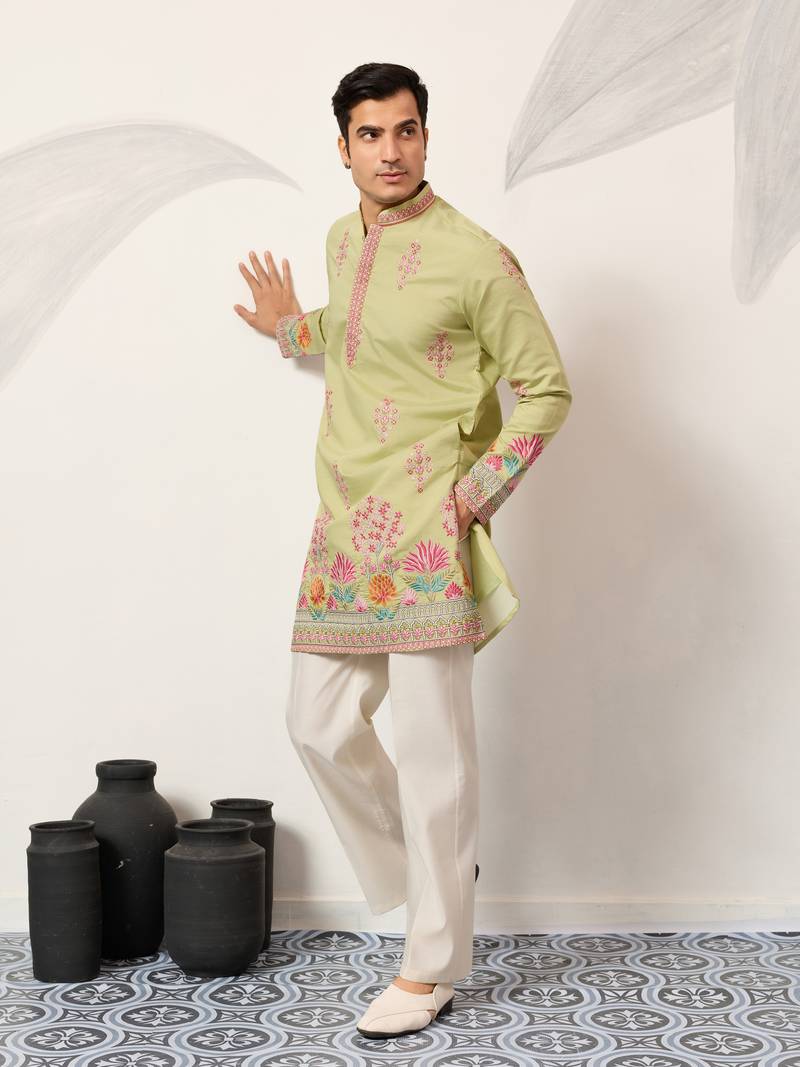 pista green viscose silk floral embroidered kurta pajama set for men