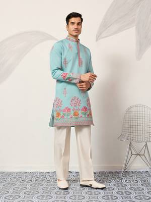 sky blue viscose silk floral embroidered kurta pajama set for men 11