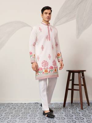 white viscose silk floral embroidered kurta pajama set for men 11