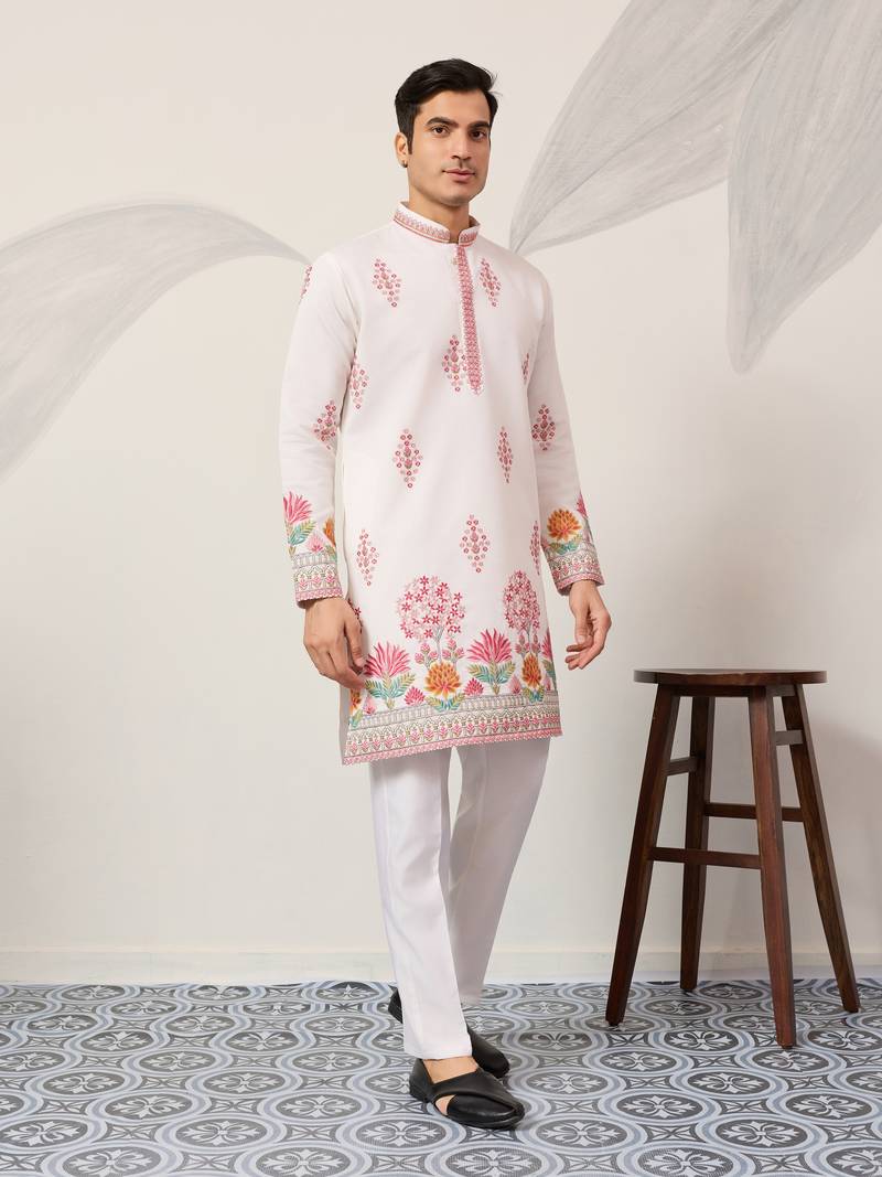 white viscose silk floral embroidered kurta pajama set for men
