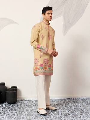 yellow viscose silk floral embroidered kurta pajama set for men 10