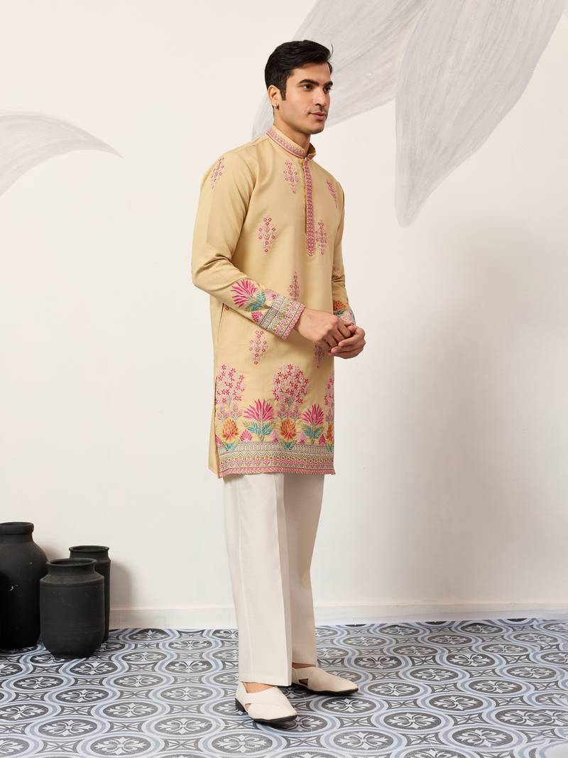 yellow viscose silk floral embroidered kurta pajama set for men